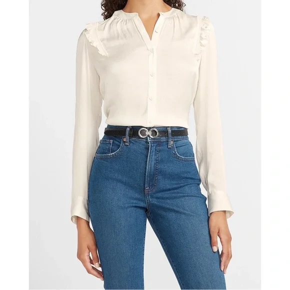 Express Tops Express Slim Fit Ruffle Shoulder Buttonup